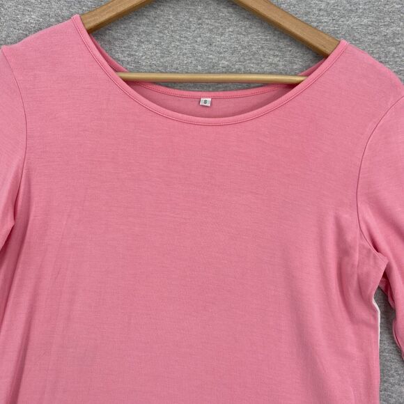 Blouse Womens Small Pink White Floral Top Long Sleeve Round Neck Curved Hemline - Picture 5 of 11